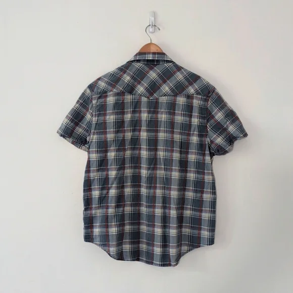 Lucky Brand Western Snap Button Down Short Sleeve Blue Orange Plaid Shirt Large - Picture 5 of 8